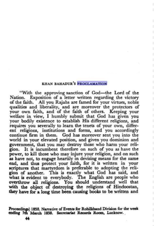 Khan Bahadur Proclamation (7th March 1858)