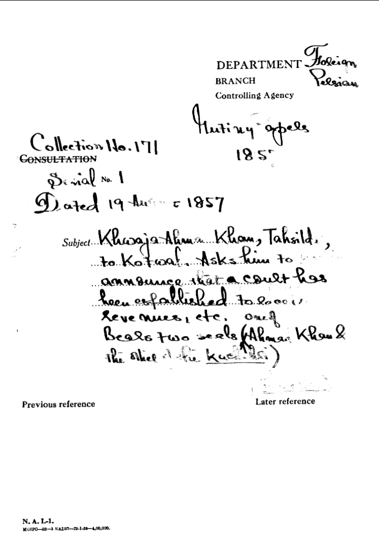 Khawaja ahmad Khan Tahsildar to Kotwal asks him to announce that a Court Has Been Established to Received Muse Ete One of Bears Two Seals ( Ahmad Khan the Others a the Kohei)