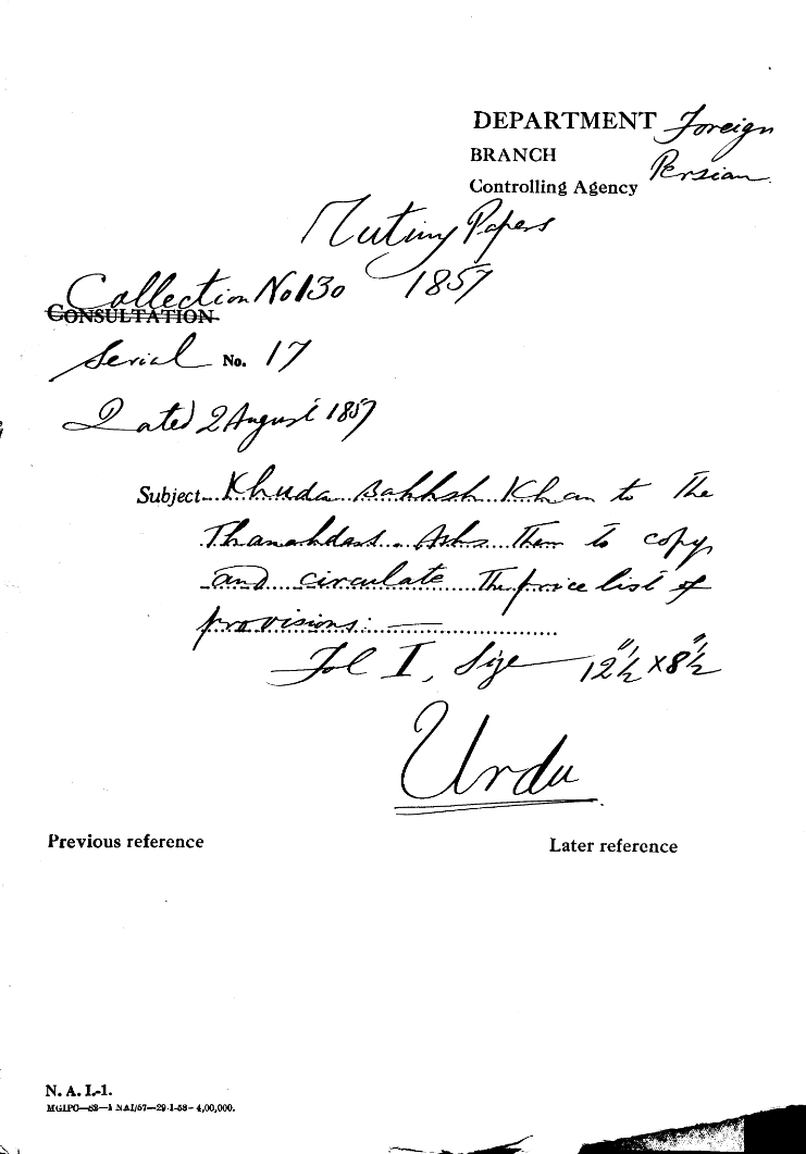 Khuda Bahksh Khan to the Thanahdars . asks them to Copy and Cirulate the Price List of Provisions.