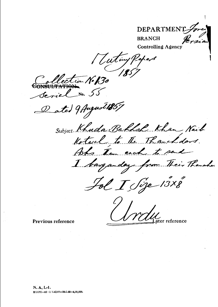 Khuda Bakhsh Khan , Naib Kotwal to the Thanahdars to the Thanahdars asks them Each to Send 1 Barqandaz From their Thanah