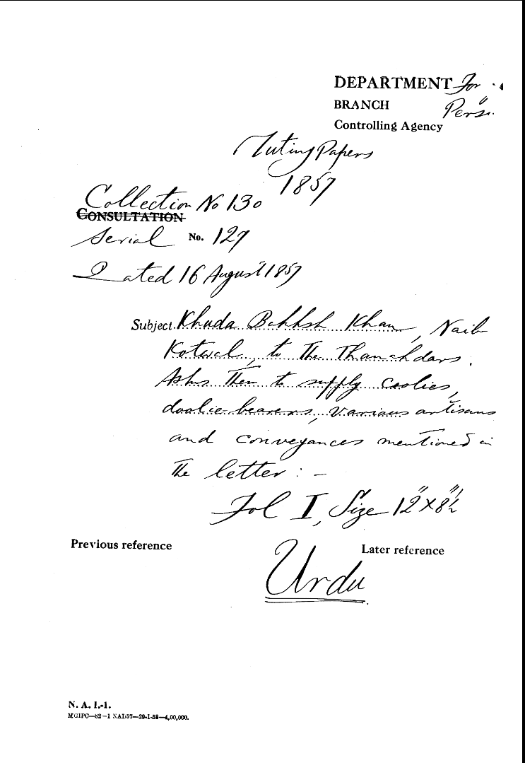 Khuda Bakhsh Khan Naib Kotwal to the Thanahdars asks them to Supply Coolies Dolie Bearers Various artisans and Converyanecs Mentioned In the Letter.