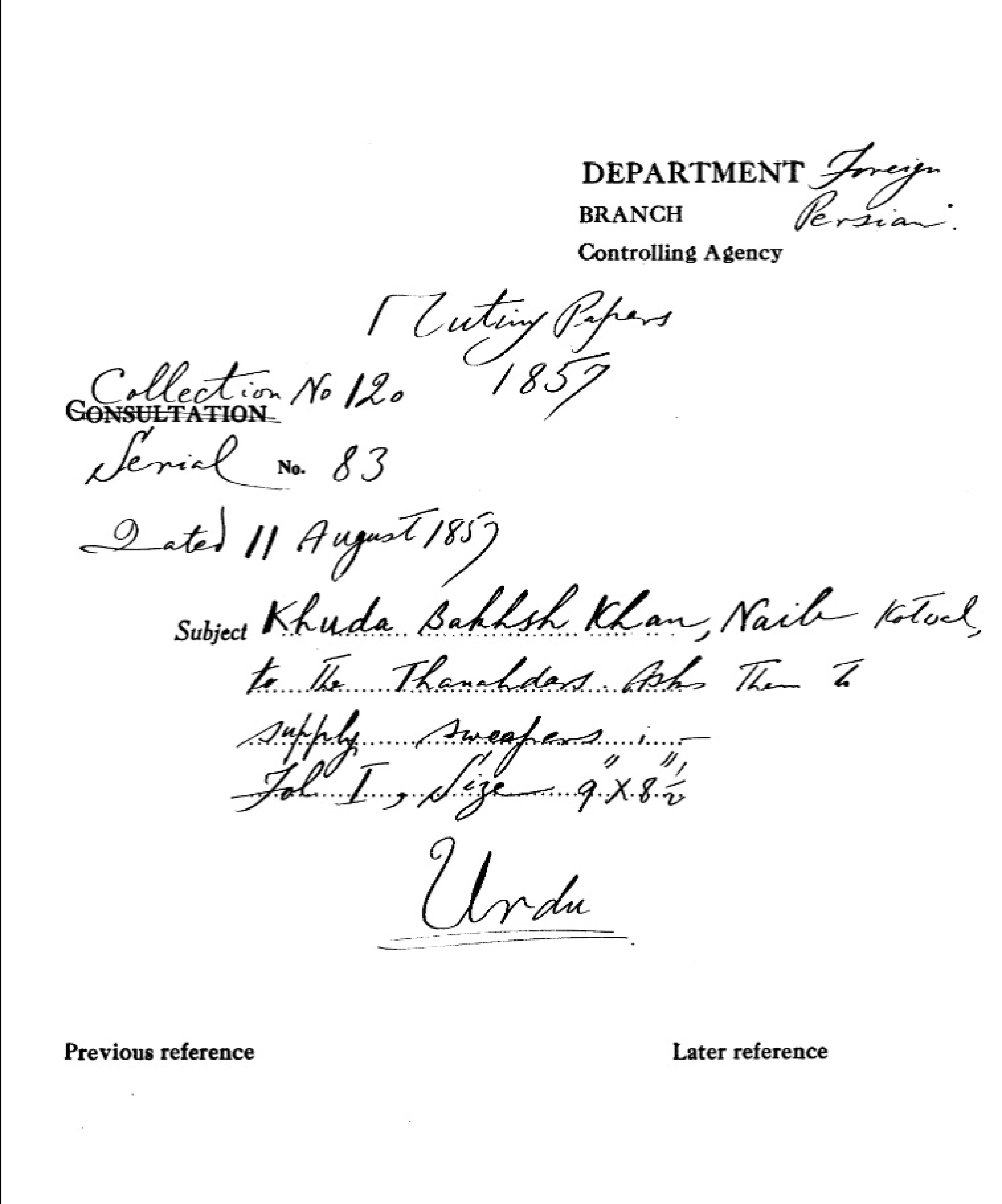 Khuda Bakhsh Khan, Naib Kotwal to the Thanahdars asks them to Supply Sweepers, in Delhi - 1857