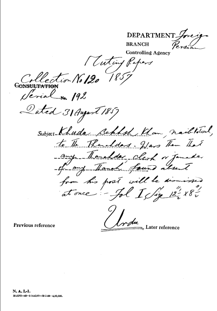 Khuda Bakhsh Khan Naib Kotwal to the Thanahdars Warns them that any Thanahdar Clerk Or Jamadar of any Tanah Found absent Form His Post Will Be Dismissed at Once.