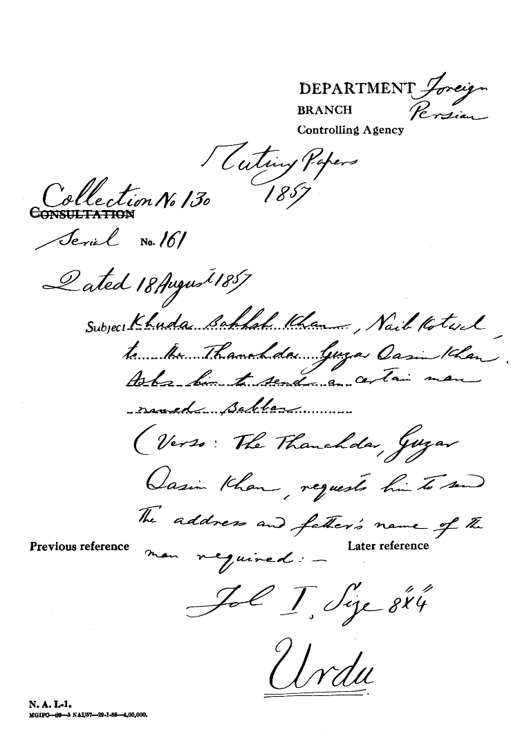 Khuda Bakhsh Khan Naib Kotwal Naib Kotwal to the Thanahdar Guzar Qasim Khan asks him to Send a Certain Man Named Babber Verso the Thanahdar Guzar Qasim Khan Requests him to Send the address and Fathers name of the man required.