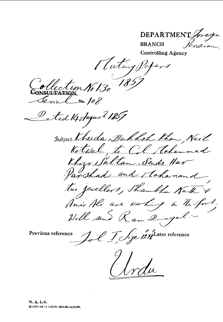 Khuda Bakhsh Khan, Naib Kotwal to Col Muhammad Khizr Sultan. Sends Har Parshad and Mahanand Two Jewellers, Shambhu Nath to In the Fort Will Send Ram Dayal.