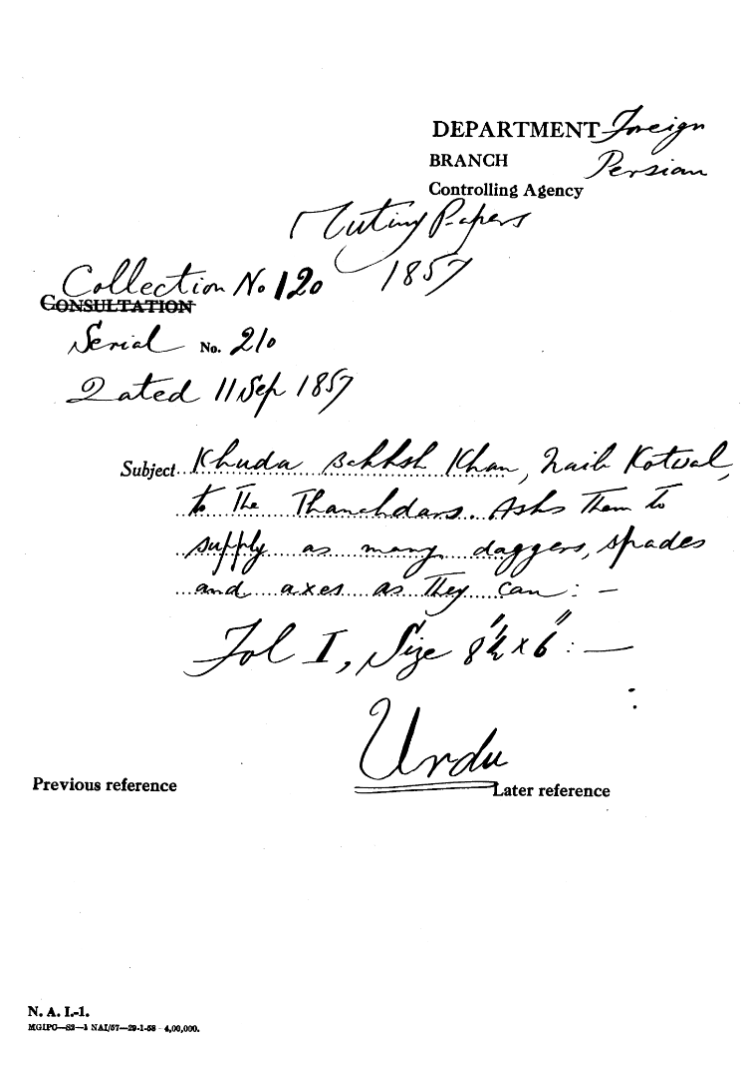 Khuda Bakhsh Khan Naib Kotwal to the Thanadars asks them to Supply as Many Dagger Spider and axes as they Can.