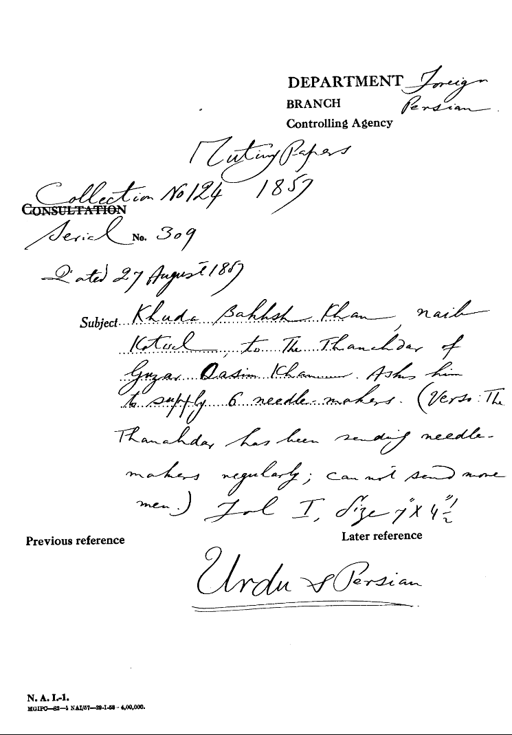 Khuda Bakhsh Khan Naib Kotwal to the Thanahdar of Guzar Qusim Khan asks him to Supply 6 Needle-Makers (Verso: the Thanahdar Has Been Sending Needle-Makers Regularly Can Not Send More Men).