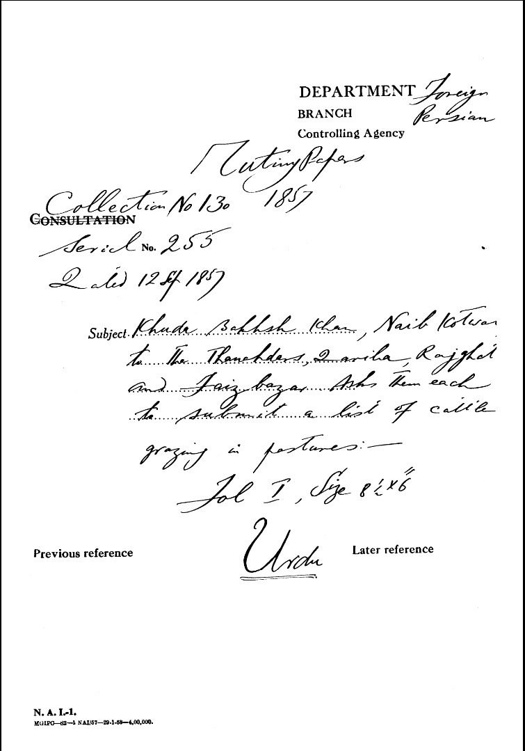 Khuda Bakhsh Khan, Naib Kotwal to the Thanahdar Dariba Rajghat and Faiz Bazar asks them Each to Submit a List of Cattle Grazing In Pastures.