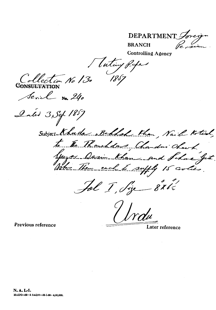 Khuda Bakhsh Khan Naib Kotwal to the Thanadars Chandni Chowk Guzar Qasim Khan and Lahori Gate asks them Each to Supply 15 Coolies.