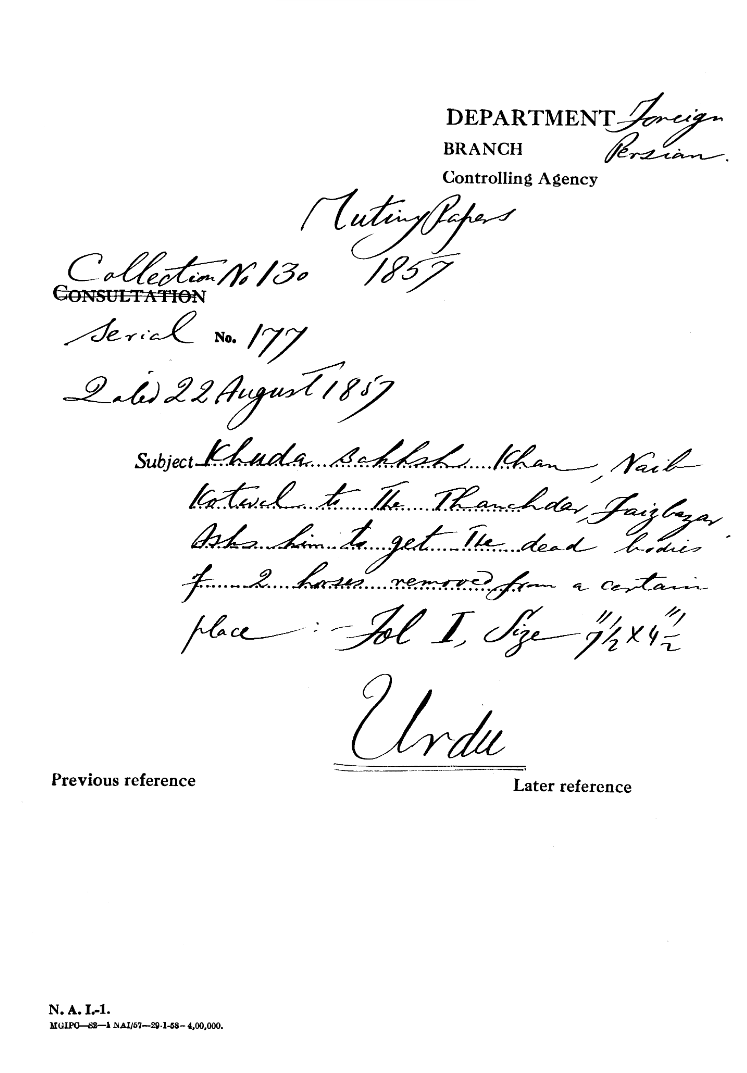 Khuda Bakhsh Khan to the Thanahdars Faiz bazar asks him to Get the Dead Bodies of 2 him Horse Removed From a Certian.