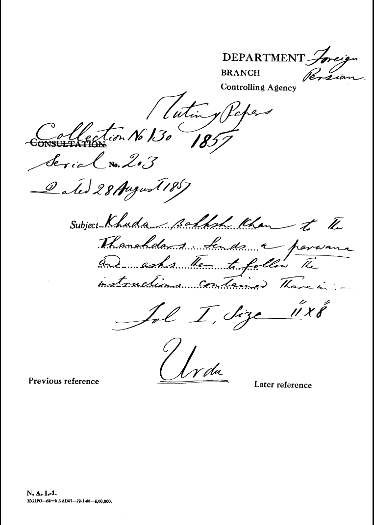 Khuda Bakhsh Khan to the Thanahdars Sends a Parwana and asks them to Follow the Instructions Contained there In.