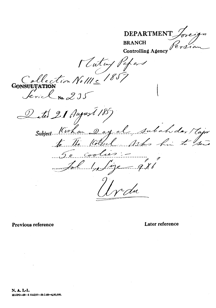 Kishan Dayal Subahdar Major to the Kotwal asks him to Send 50 Coolies.