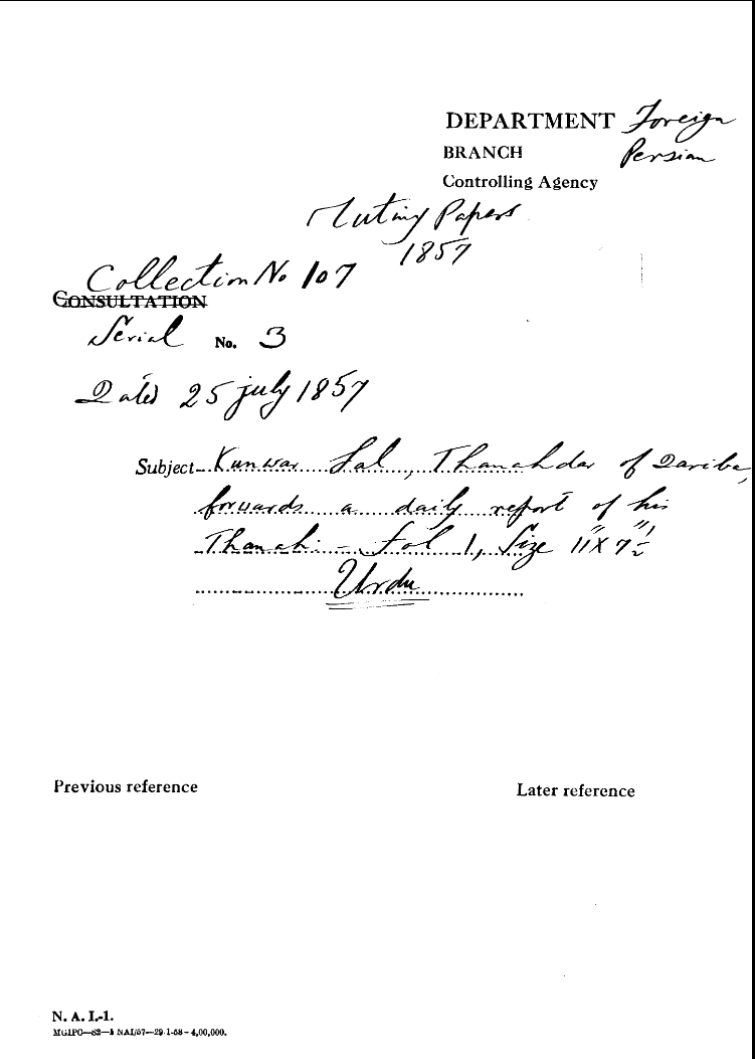 Kunwar Lal Thanahdar of Dariba Forwards a Daily Report of His Thanah.