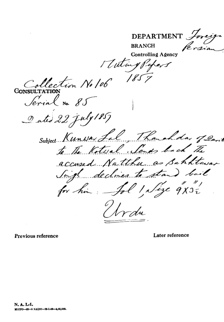 Kunwar Lal Thanahdar of Dariba to the Kotwal Sends Back the accused Natthu as Bakhtawar Singh Declines to Stand Bail For Him.