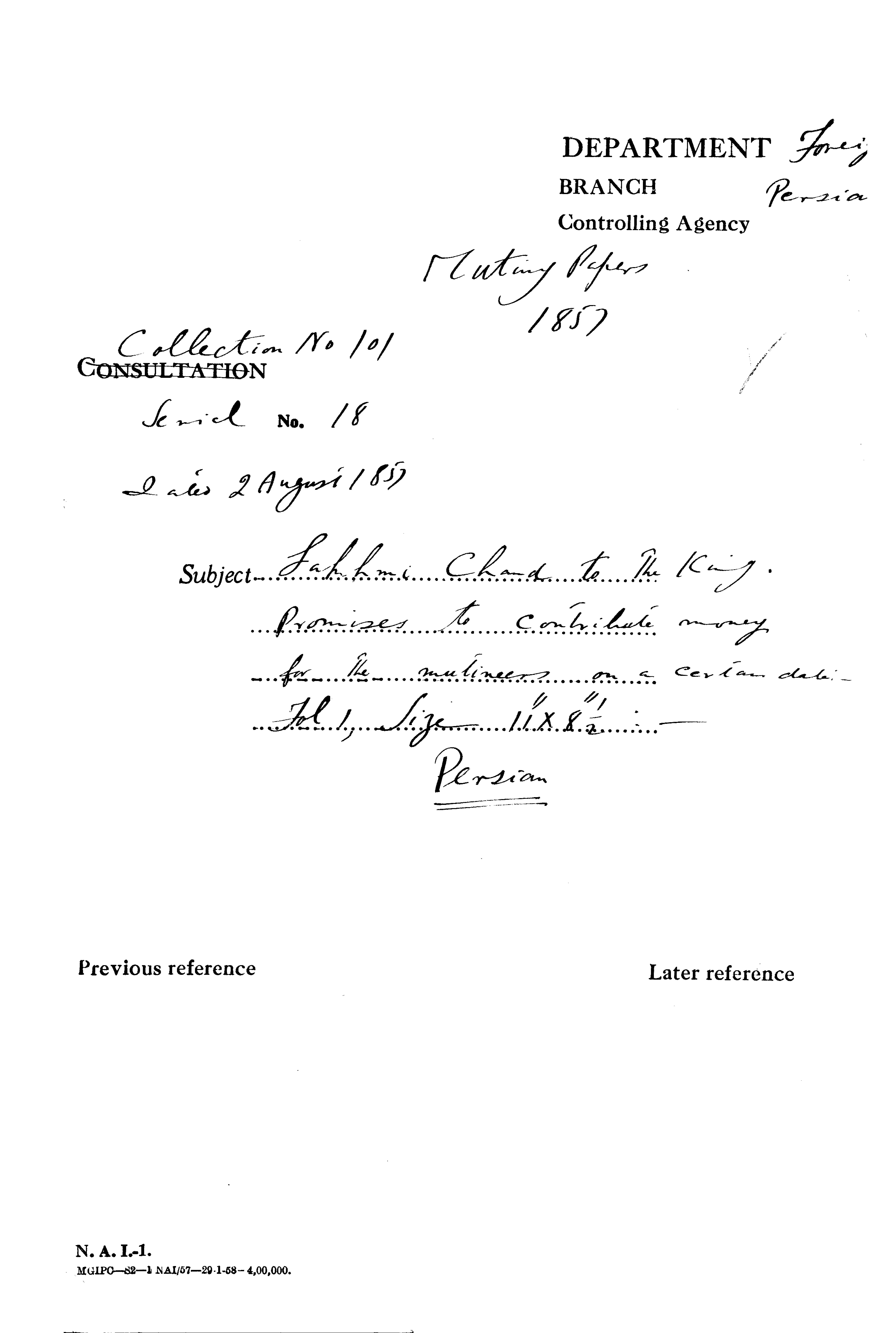 Lakhmi Chand to the King Promises to Contribute Money For the Mutineers On a Certain Date