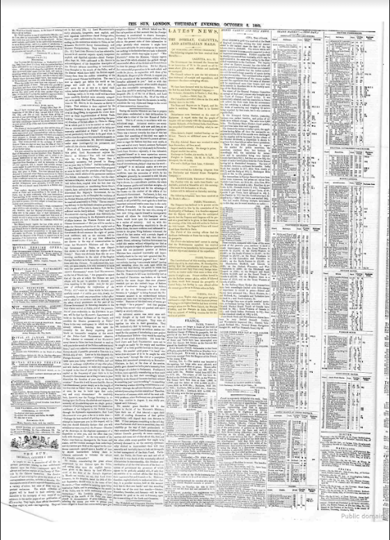 Latest News The  Bombay,Calcutta,And Australian Mails. Sun (London) - Thursday 06 October 1859