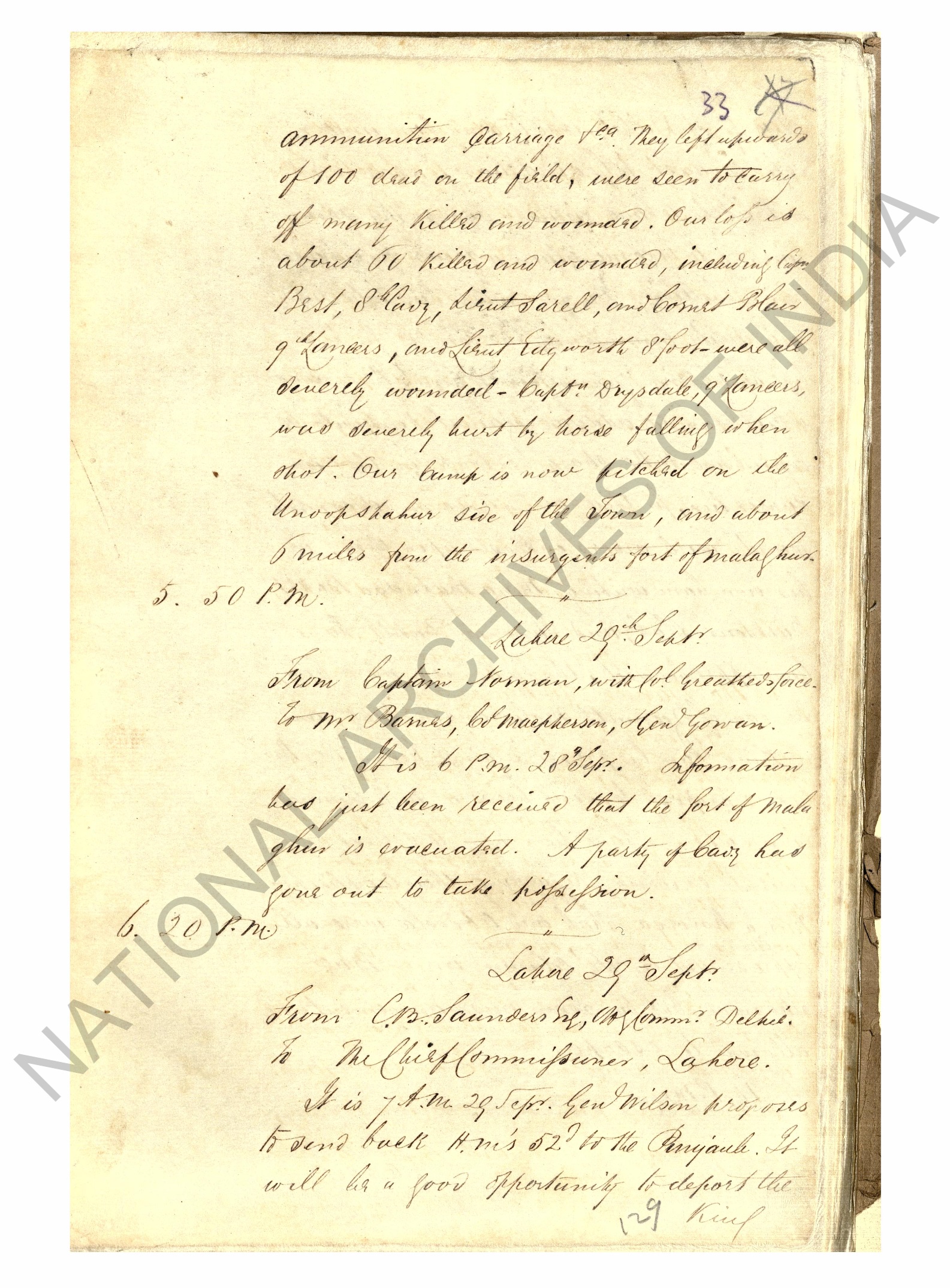Letter Exchanged between C.B. Saunders and John Lawrence Discussing the Proposal to send the King and his Family to Gobindgarh and the Escape of two Sons of Emperor Bahadur Shah Zafar.