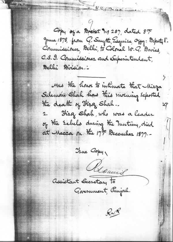 Letter from Deputy Commissioner Delhi to Colonel W.G Daries C.S.I Commissioner And Superintendent on 8th June 1878