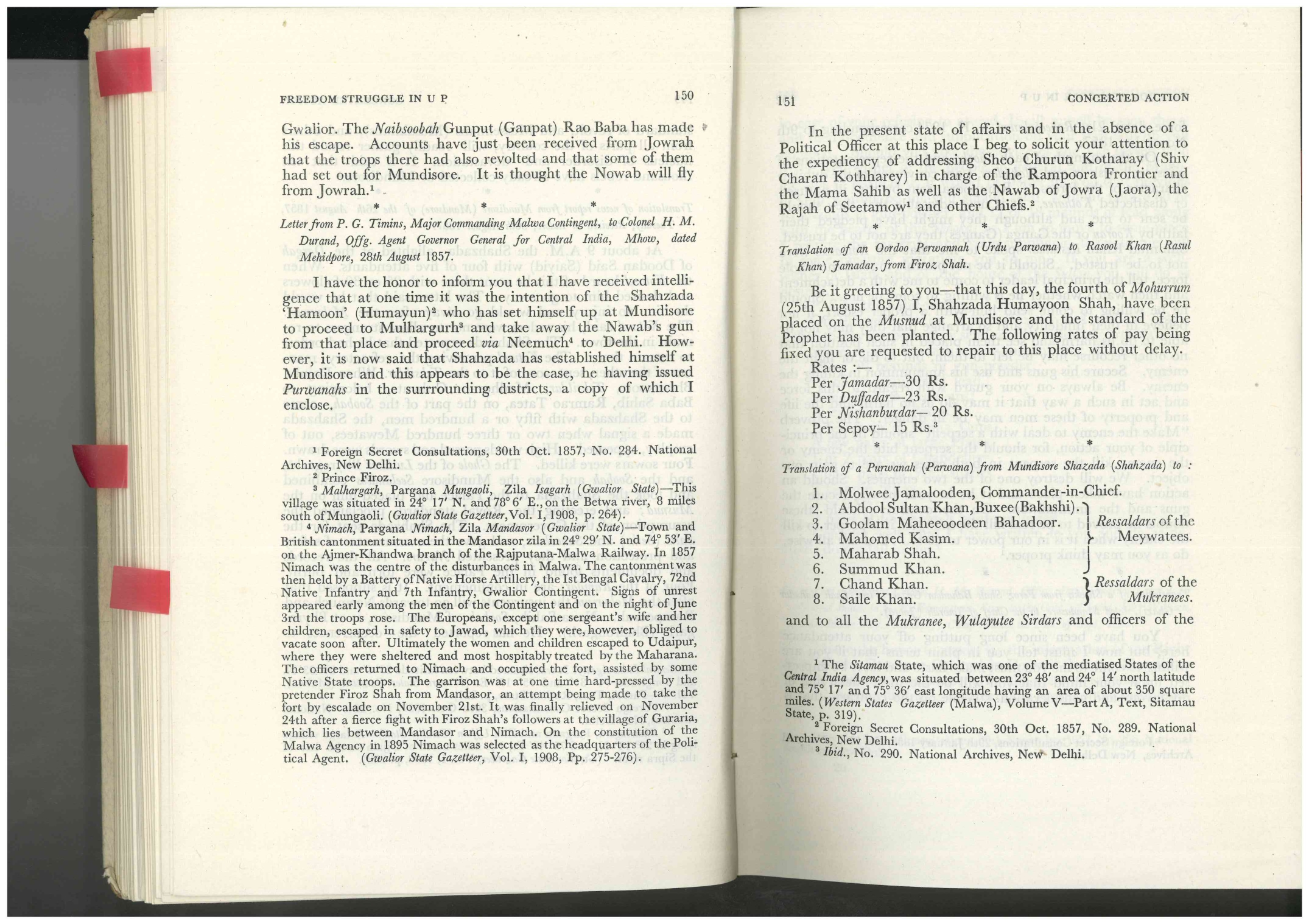 Letter from P.G Timins , Major commanding Malwa contigent, to colonel H.M Durand , offg. Agent Governer General for central India ,Mhow ,dated Mendipore 28th August 1857.