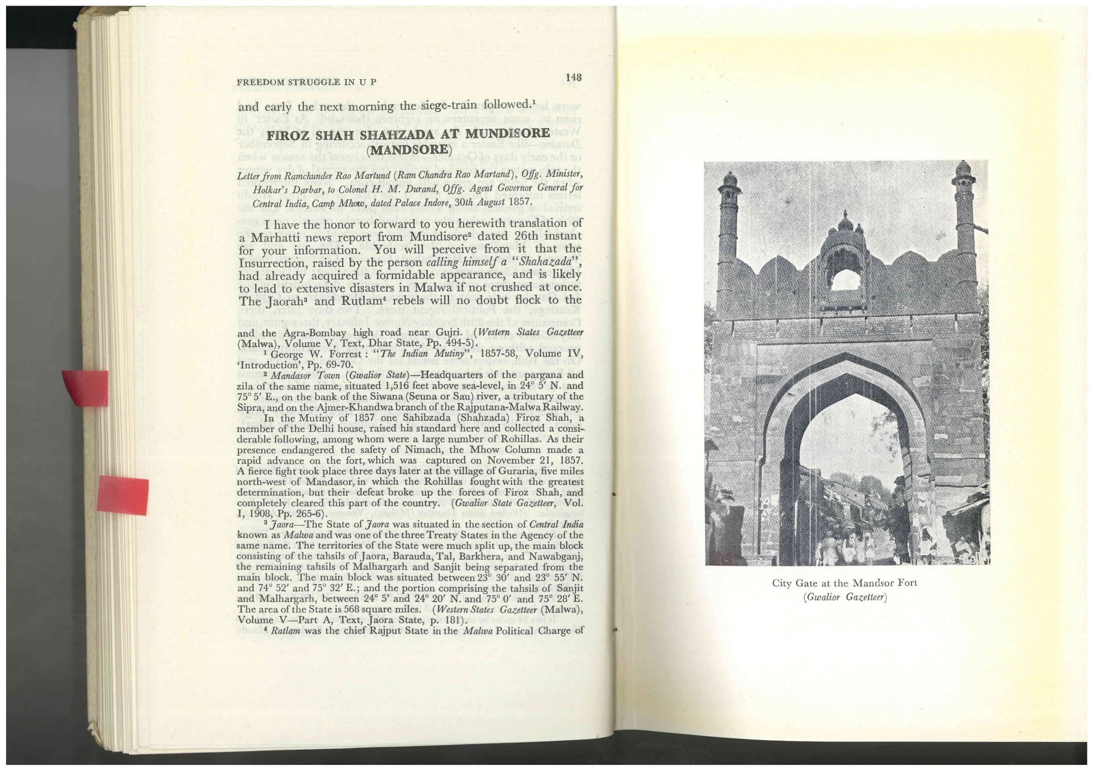 Letter from Ramoh under Rao Martund offg.Minister Halker's Darbar,to colonel H.M Durand,offg.Agent Governor General for Central India ,Camp mhow , dated palace Indore.30th August 1857.