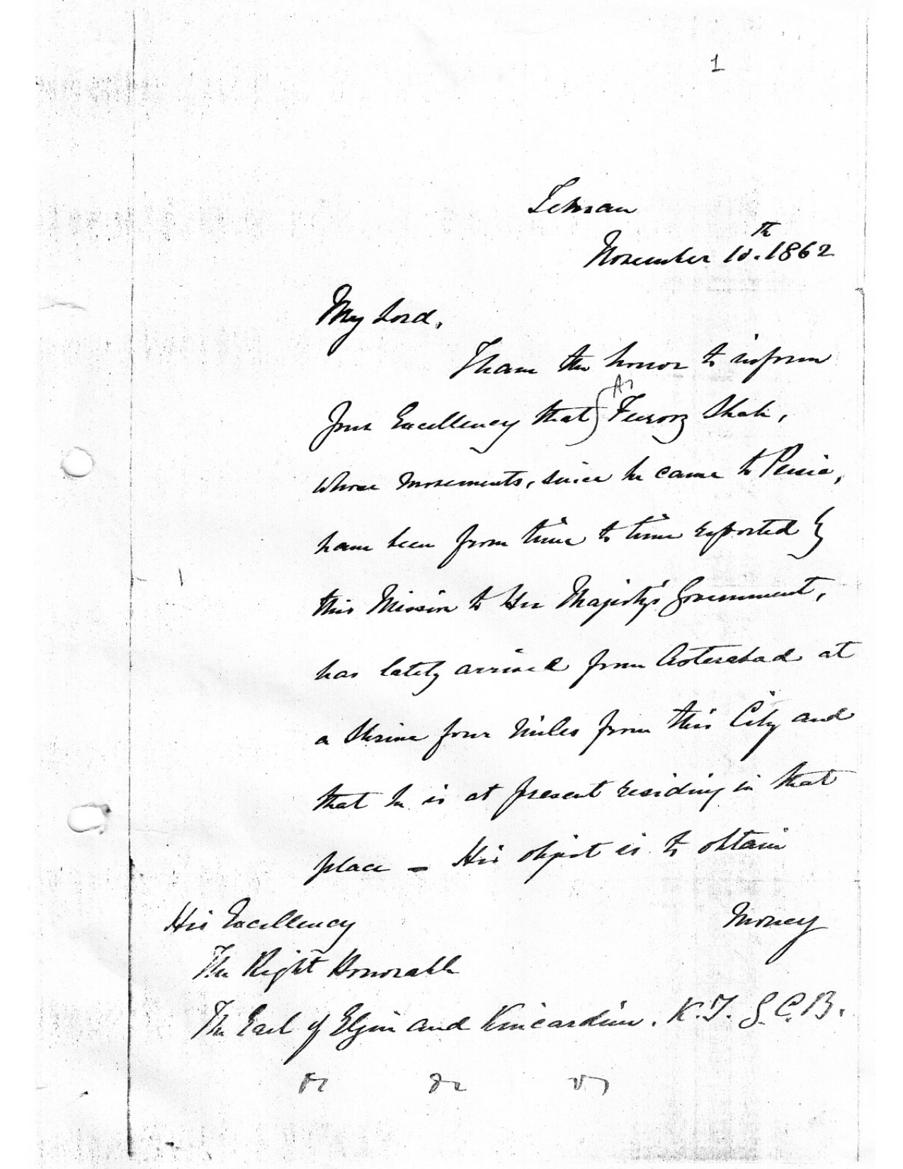 Letter from Tehran About Firuz Shah Dated on 10th November 1862