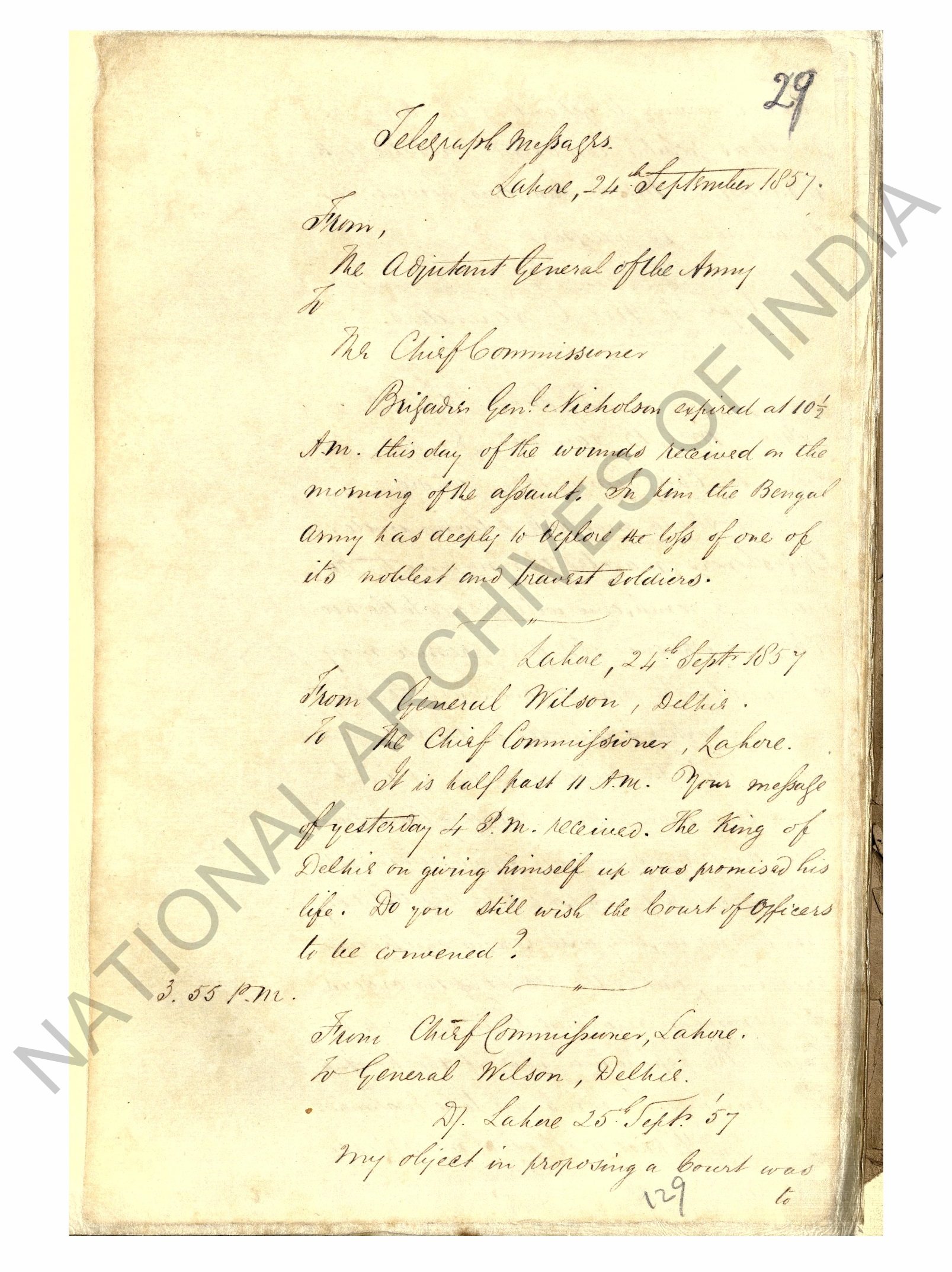 Letters Exchanged between General Wilson and John Lawrence Discussing  Emperor Bahadur Shah Zafar Involvement in the 1857 Revolt.