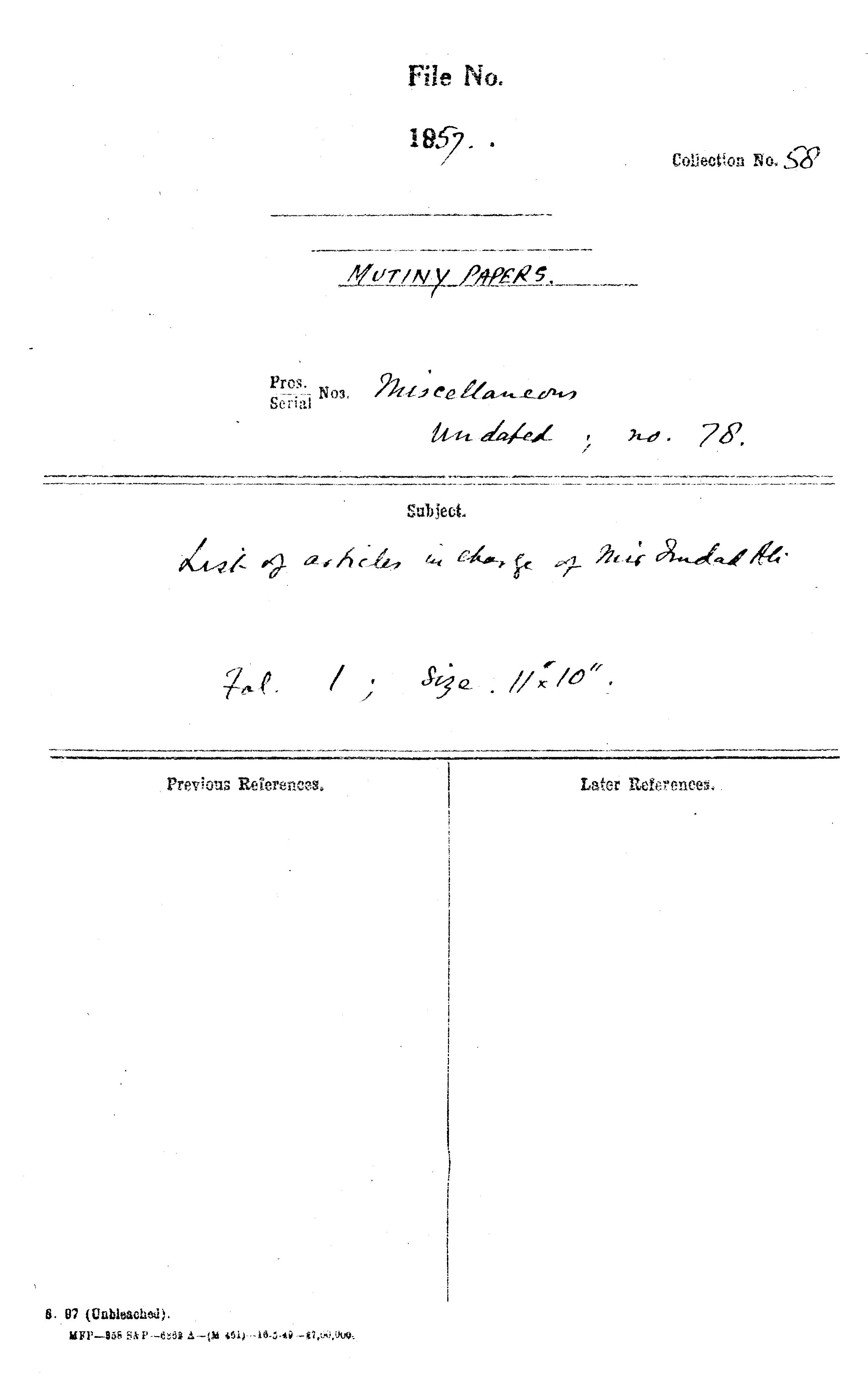 List of Articles In Charge of Mir Imdad Ali (Delhi).