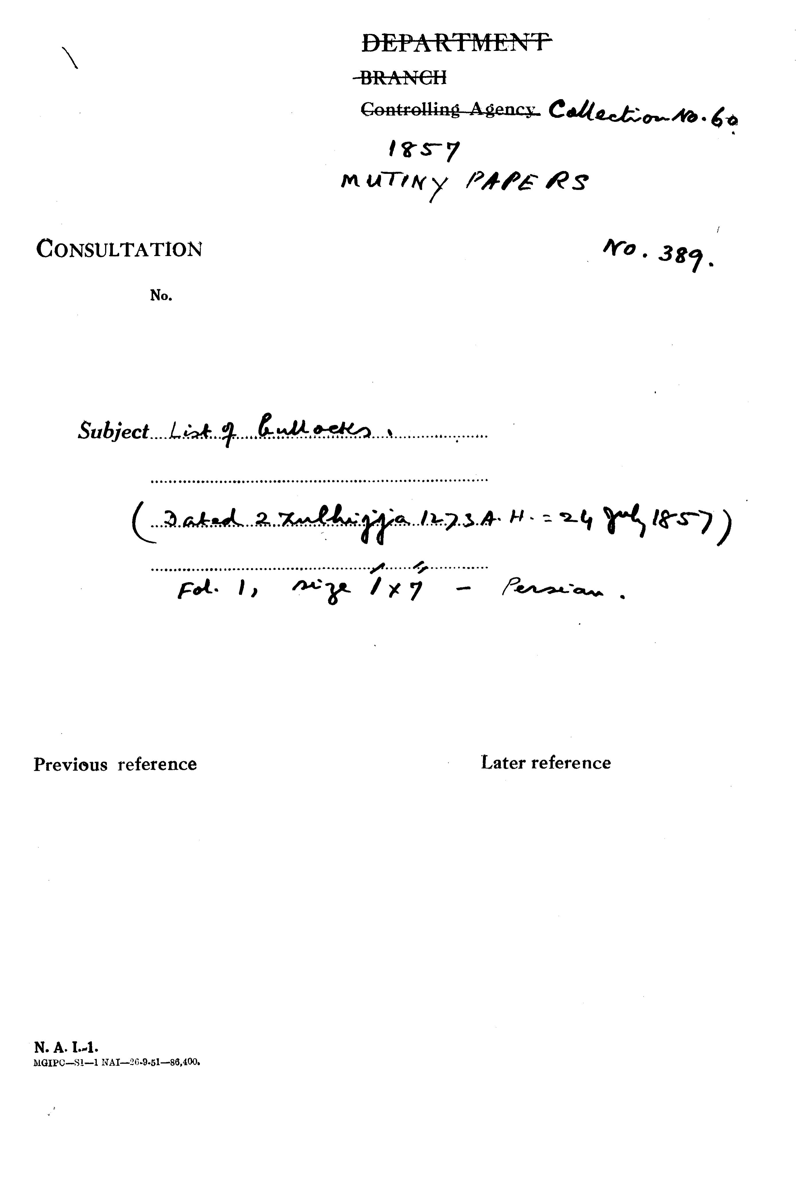 List of Bullocks (2 Zulhijjah 1273 a.H.=24 July 1857).