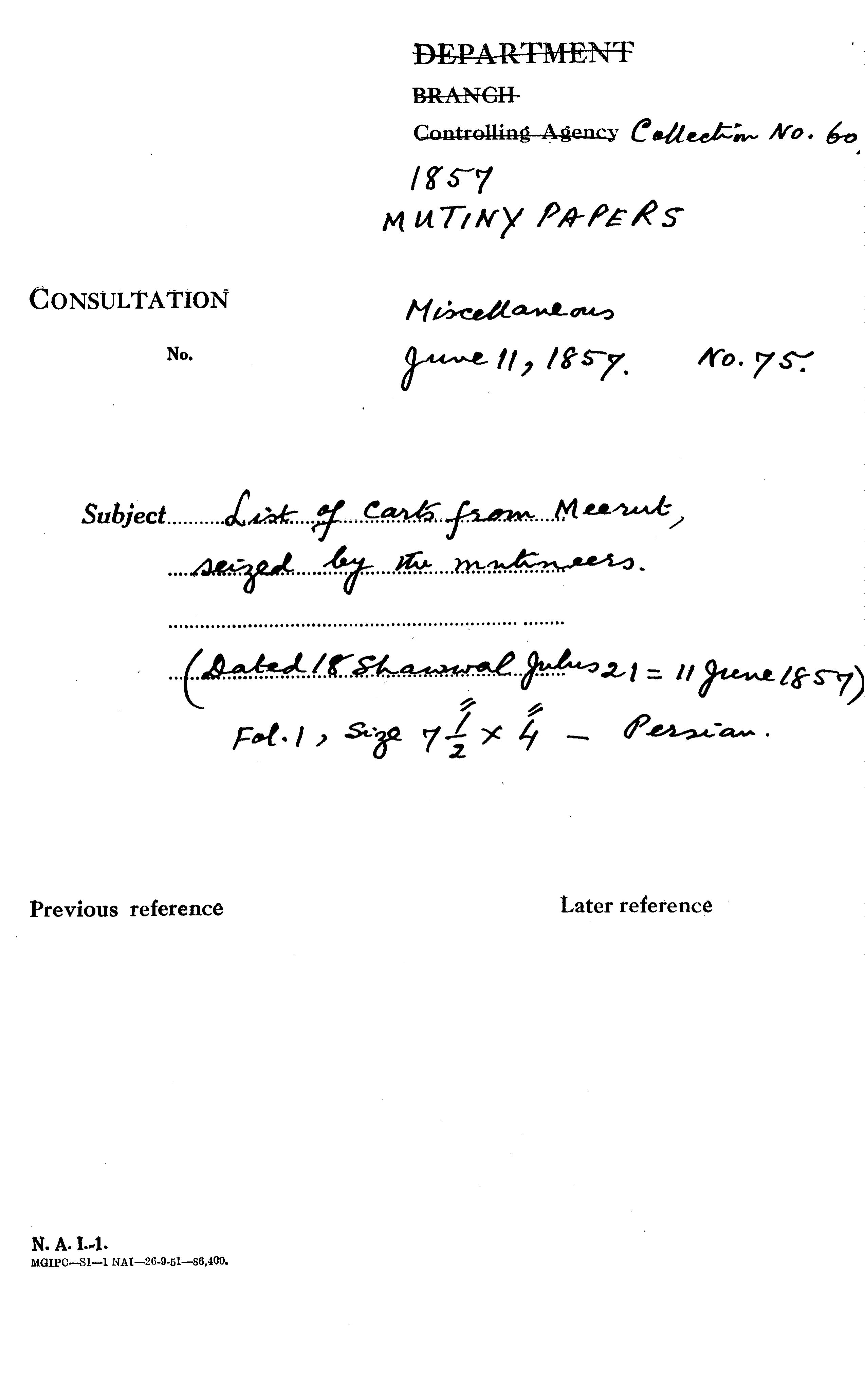 List of Carts From Meerut, Seized By the Mutineers.(18 Shawwal Julus 21 = 11 June 1857 )( Delhi ).