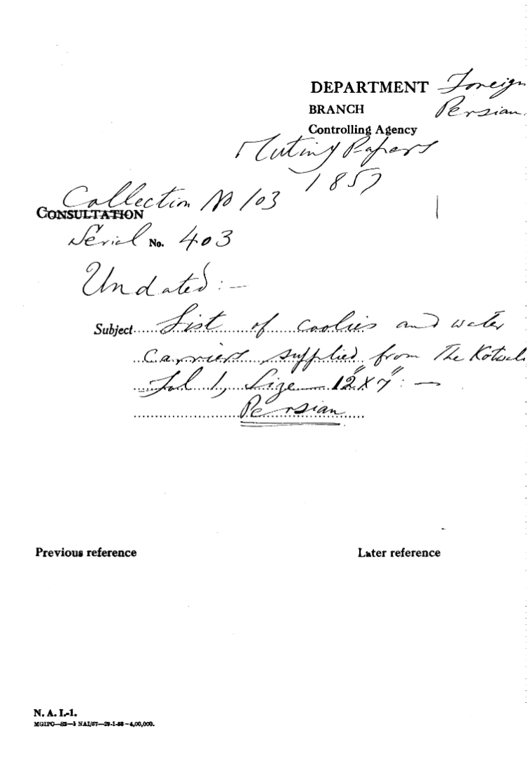 List of Coolies and Water Carriers Supplied From the Kotwali.