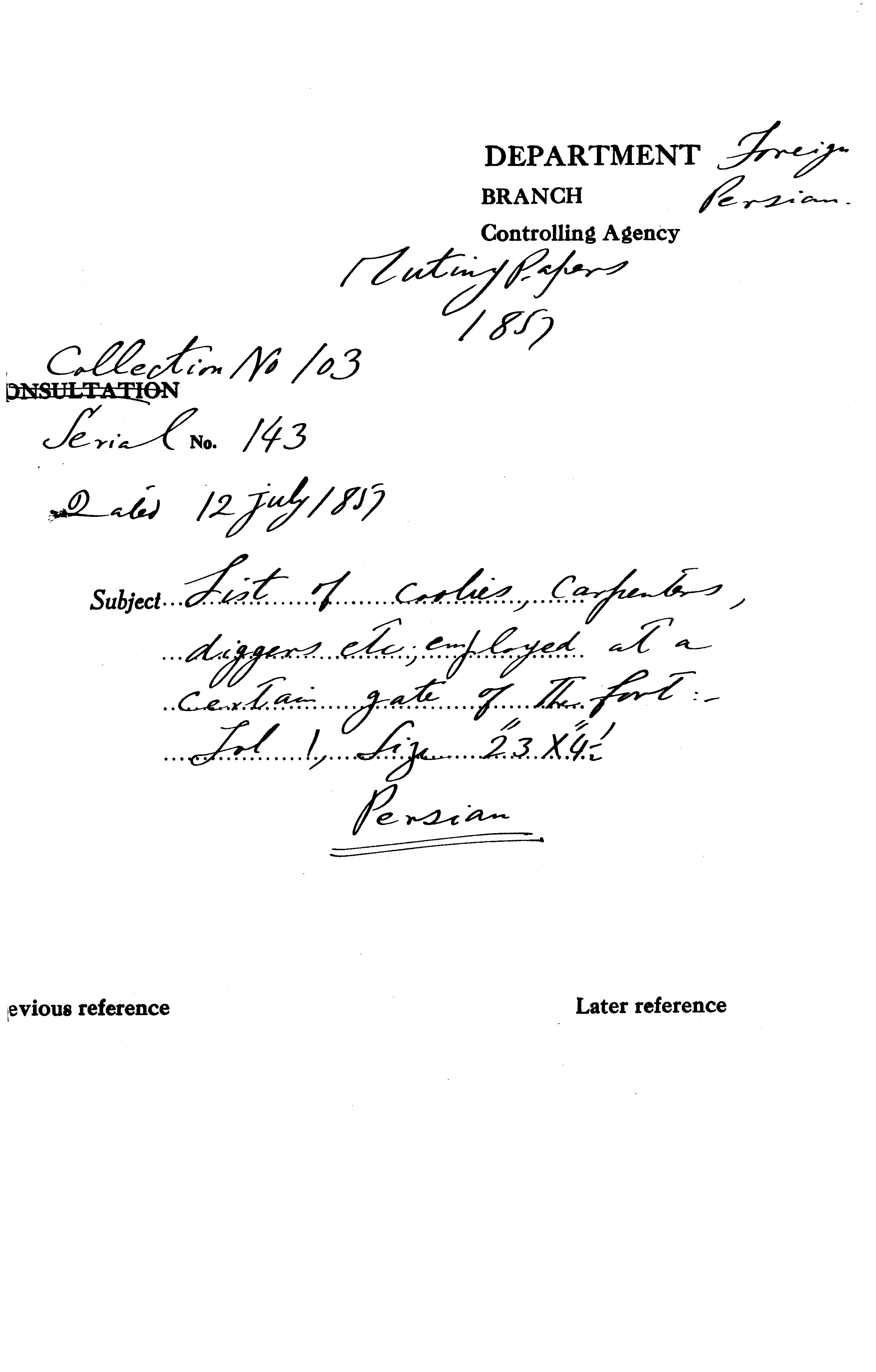 List of Coolies, Carpenters, Diggers Etc. Employed at a Certian Gate of the Fort