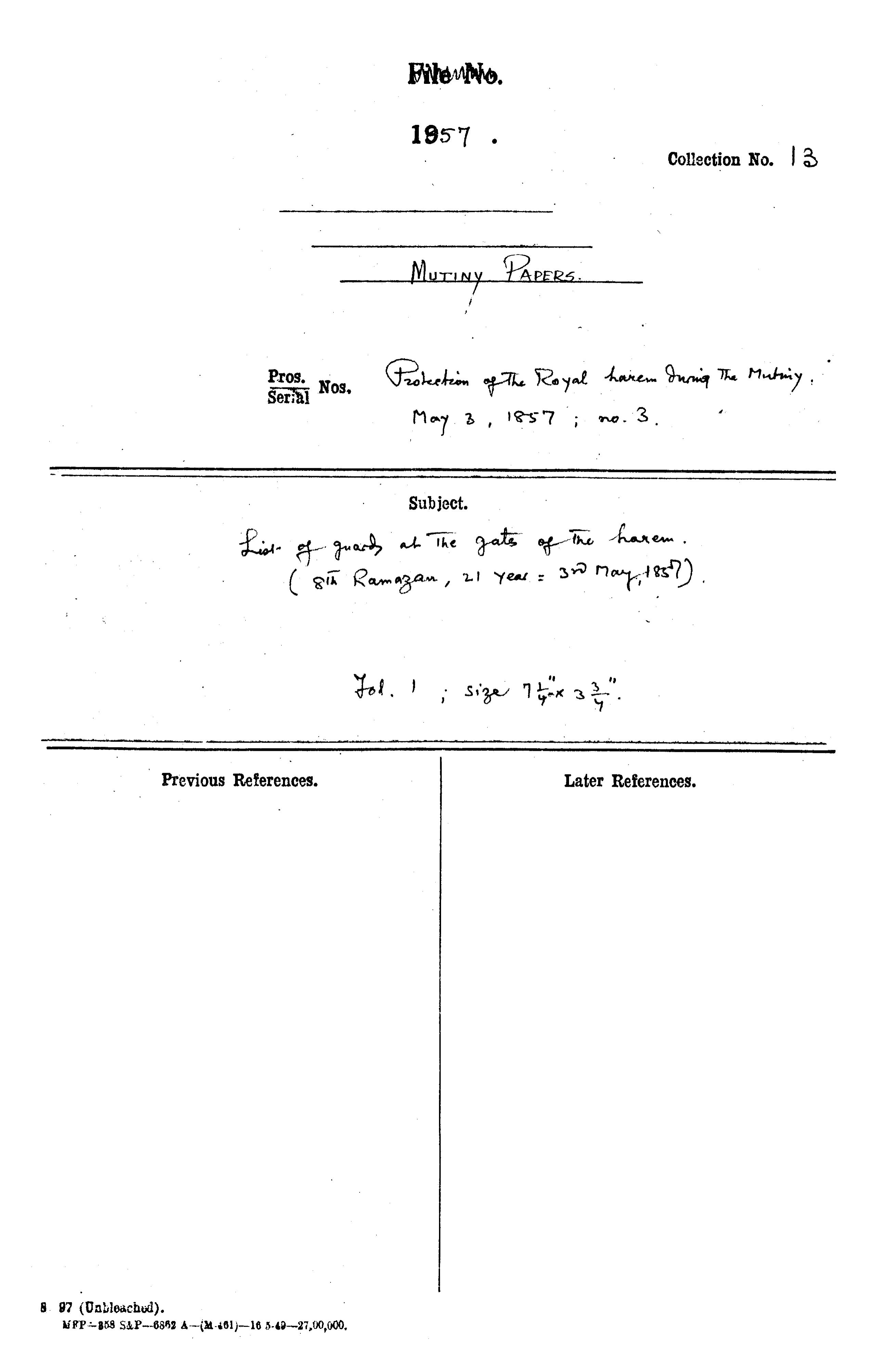 List of Guard as the Gates of the Harem. (8th Ramazan, 21 Year = 3rd May,1857) (Delhi).