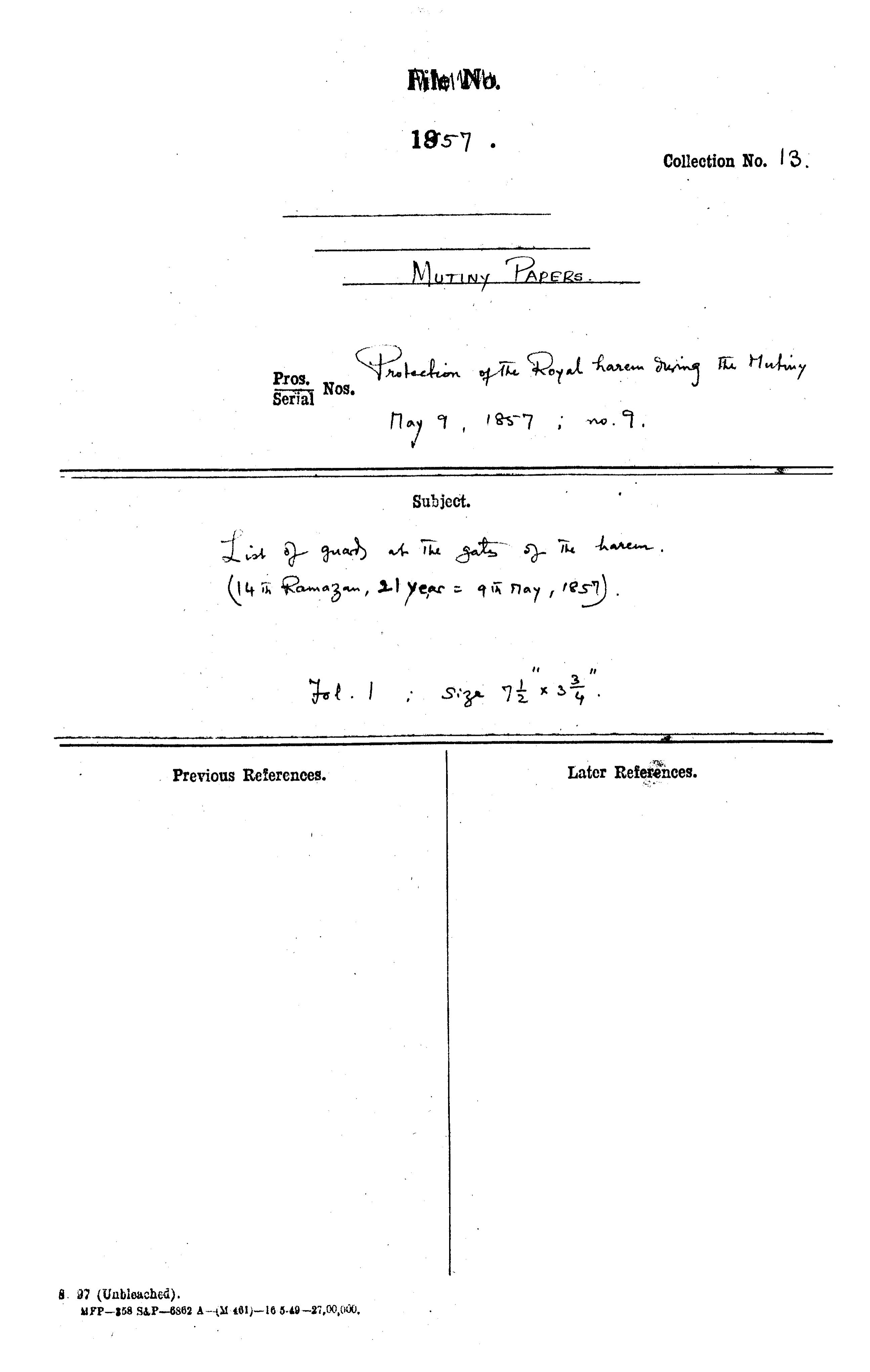 List of Guard at the Gates of the Harem. (14th Ramazan, 21 Year = 9th May,1857)(Delhi).