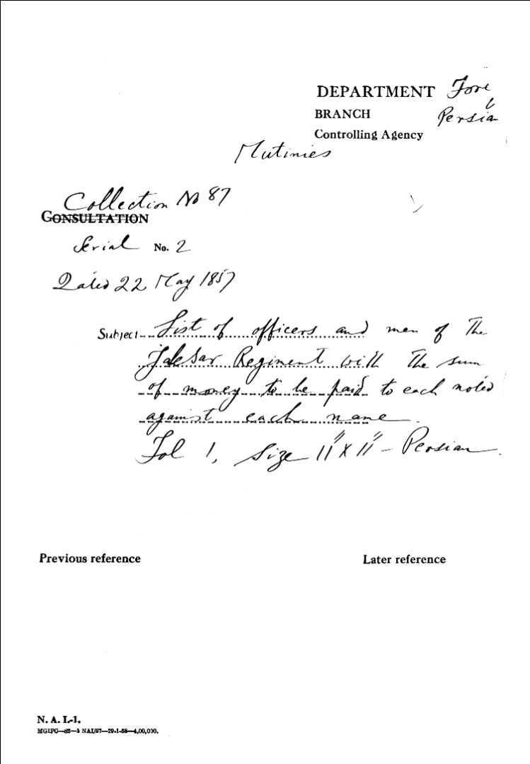 List of officers and Men of the Jalesar Regiment With the Sum of Money to Be Paid to Each Noted against Each Name.