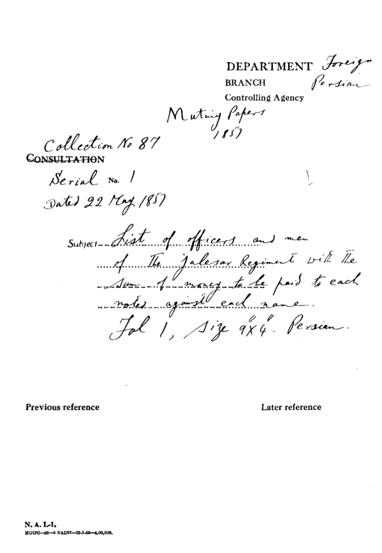 List of officers and Men of the Jalesar Regiment With the Sum of Money to Be Paid to Each Noted against Each Name