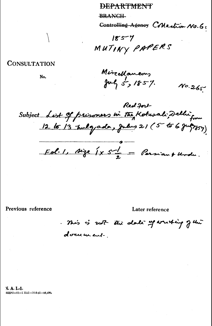List of Prisoners In the Red Fort Kotwali, Delhi From 12 to 13 Zulqada, Julus 21.( 5 to 6 July 1857).