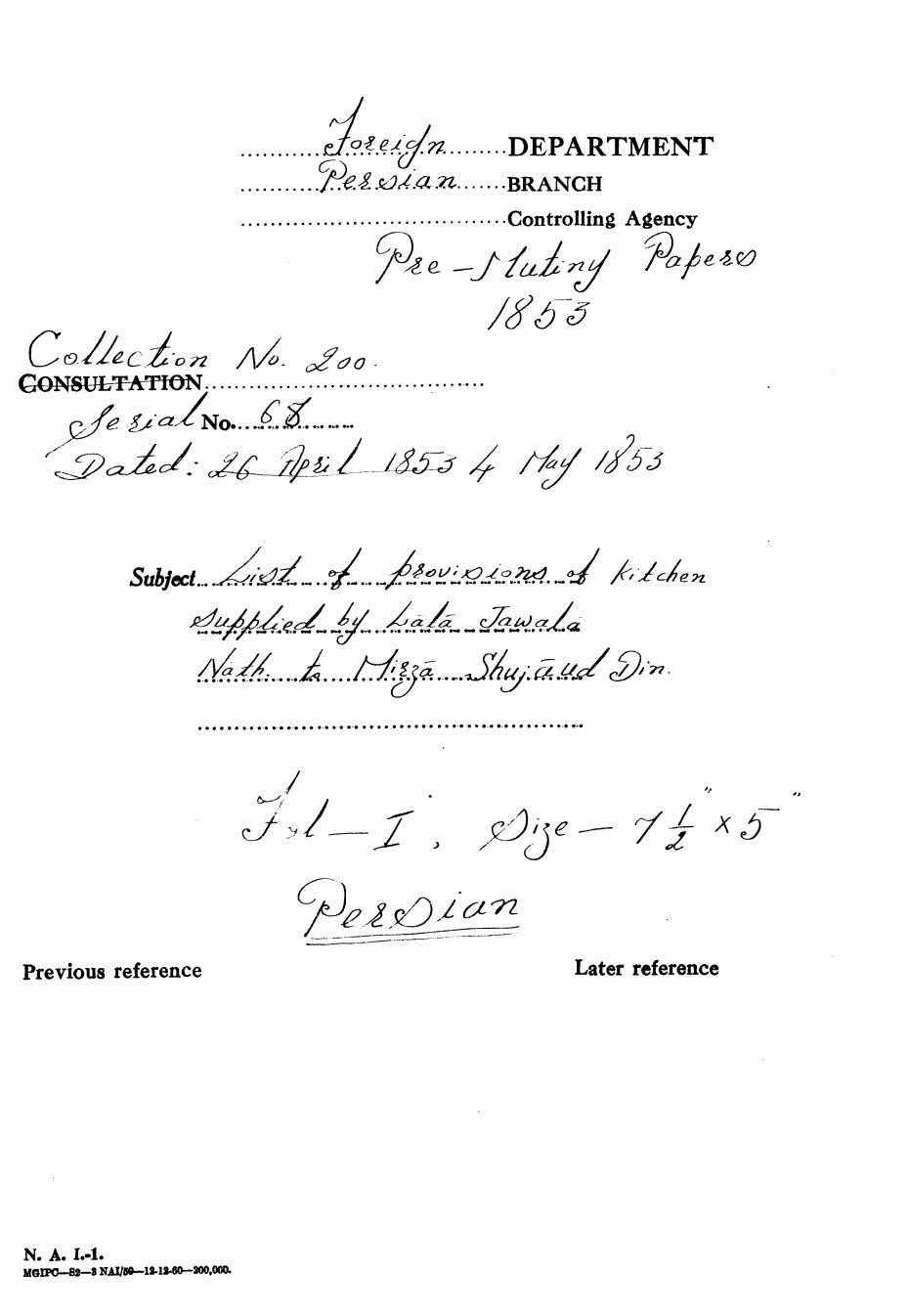 List of provision of kitchen supplied by Lala Jawala Nath to Mirza Shujaud Din.