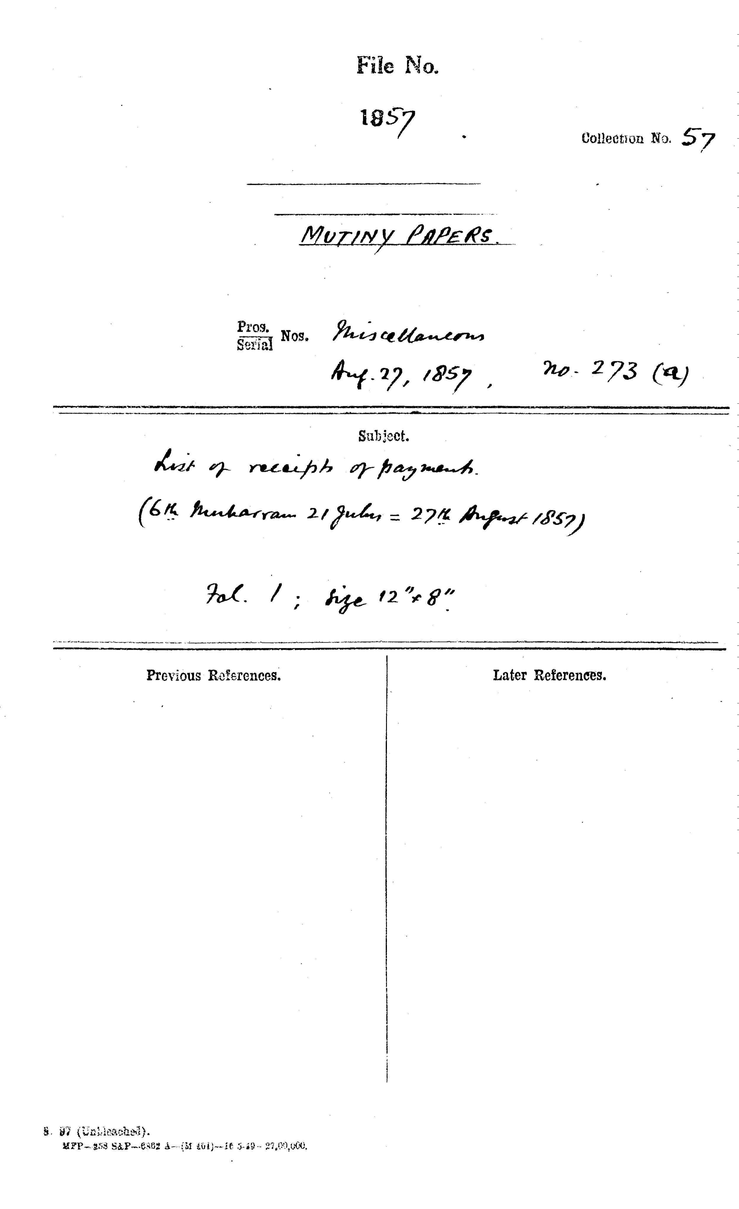 List of Receipt of Payment (6th Muharram 21 Julus = 27th august 1857) (Delhi).