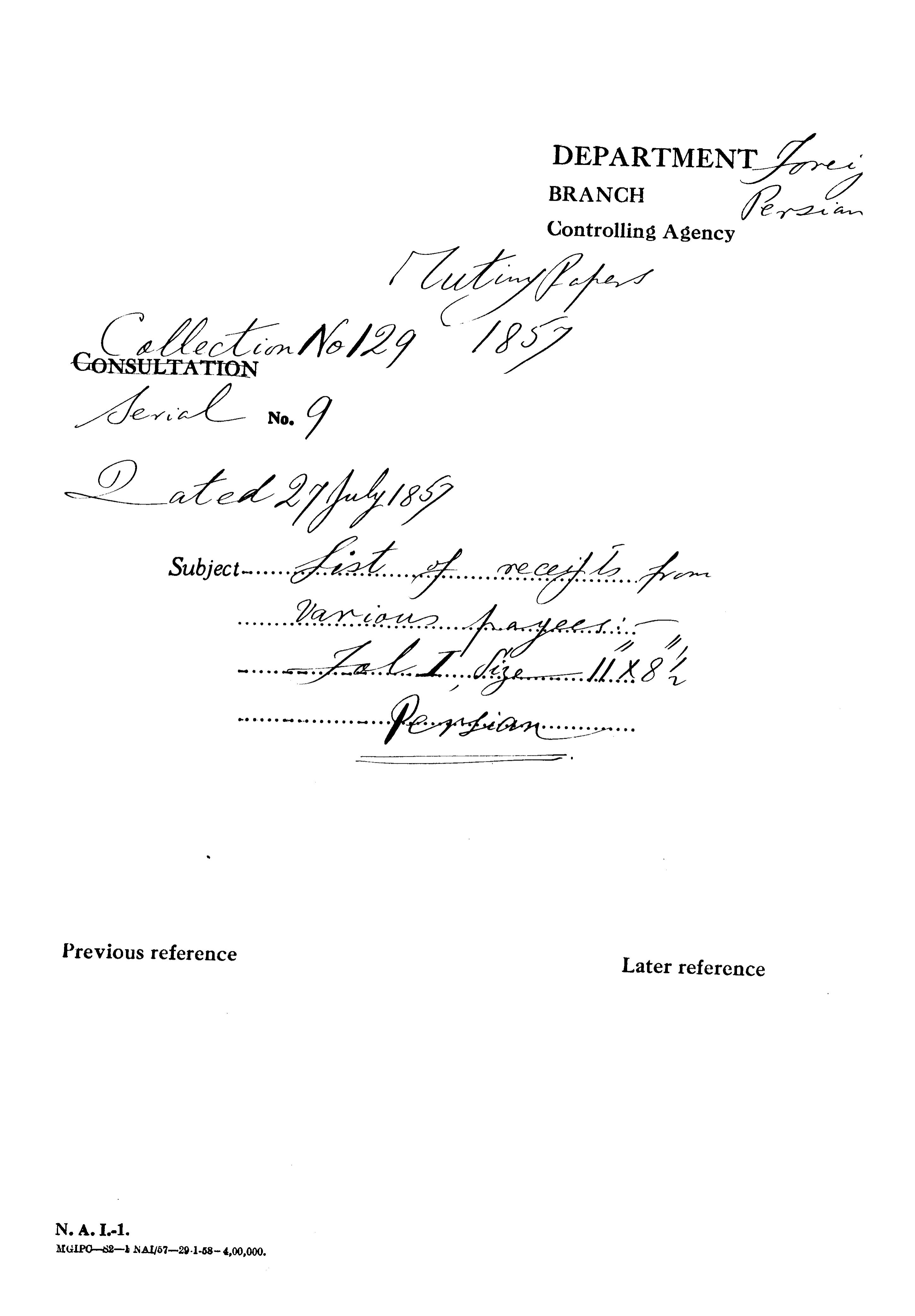 List of Receipts From Various Payees Dated on July 27, 1857.