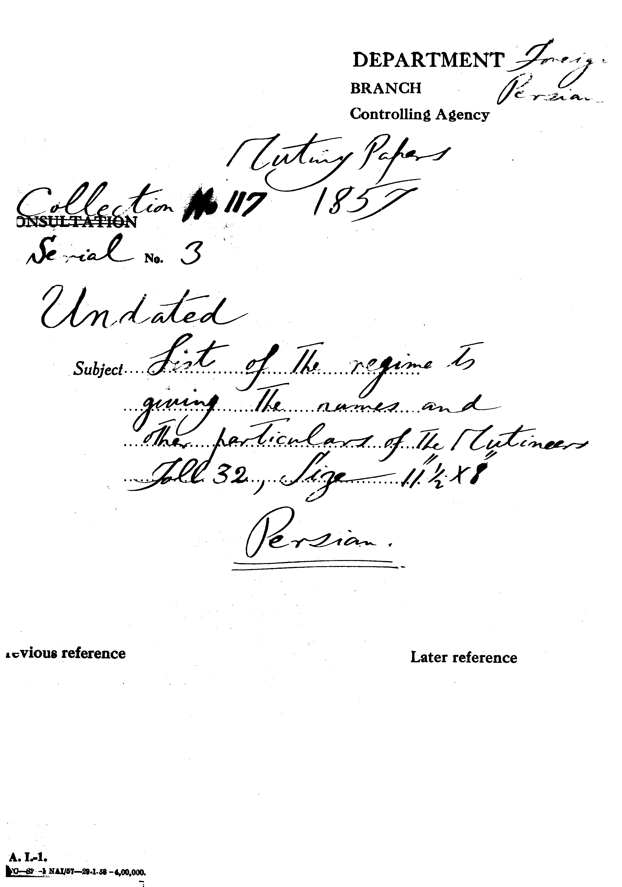 List of Regiments Giving the Names and Other Particulars of the Mutineers