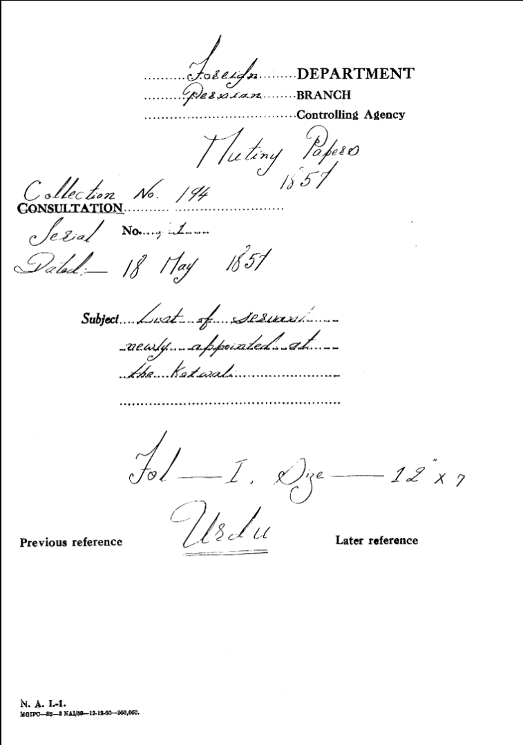 List of Servants Newly appointed of the Kotwali.