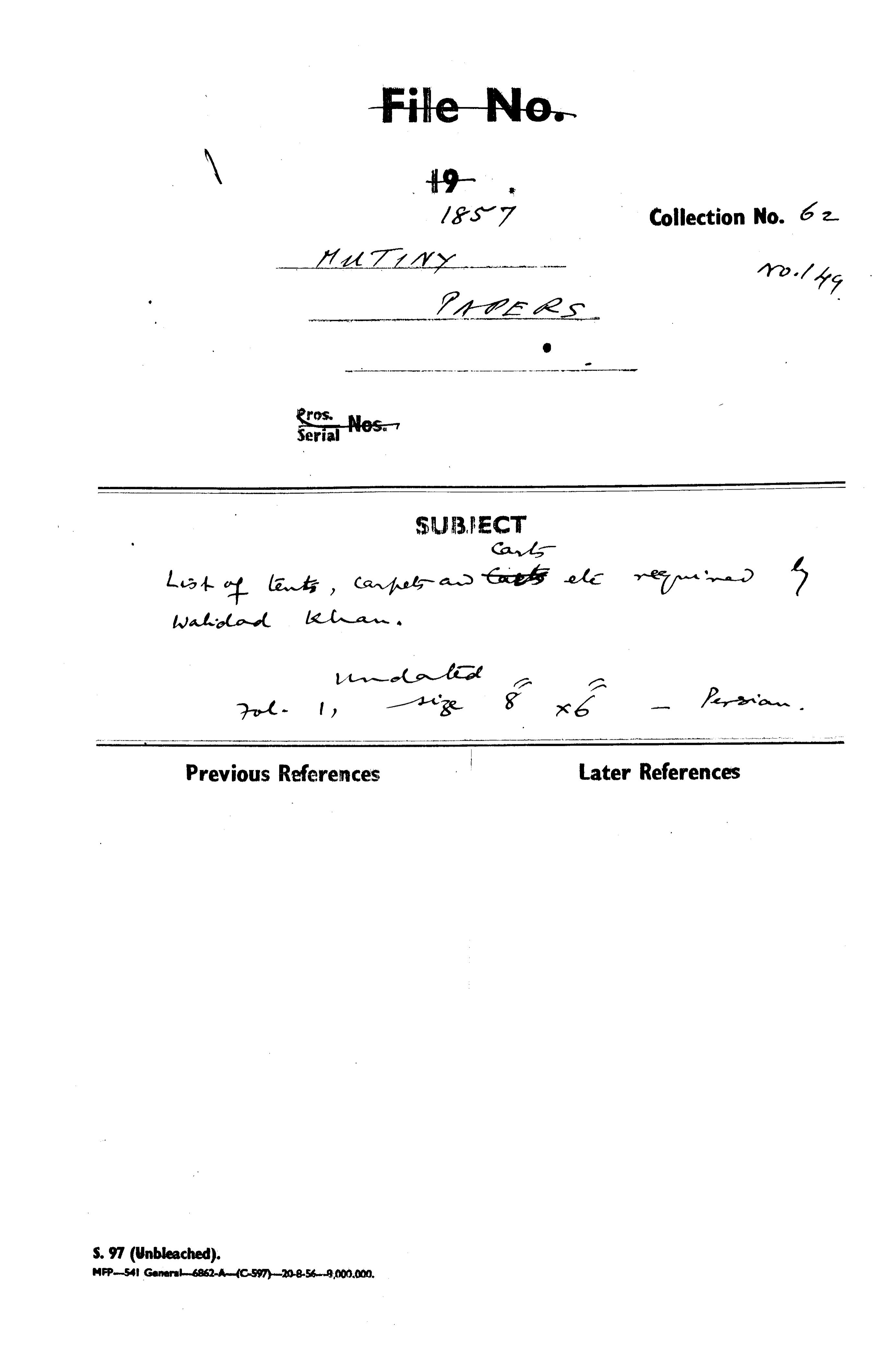 List of Tents, Carpenters Carts Etc Required By Wahidad Khan.(Delhi).