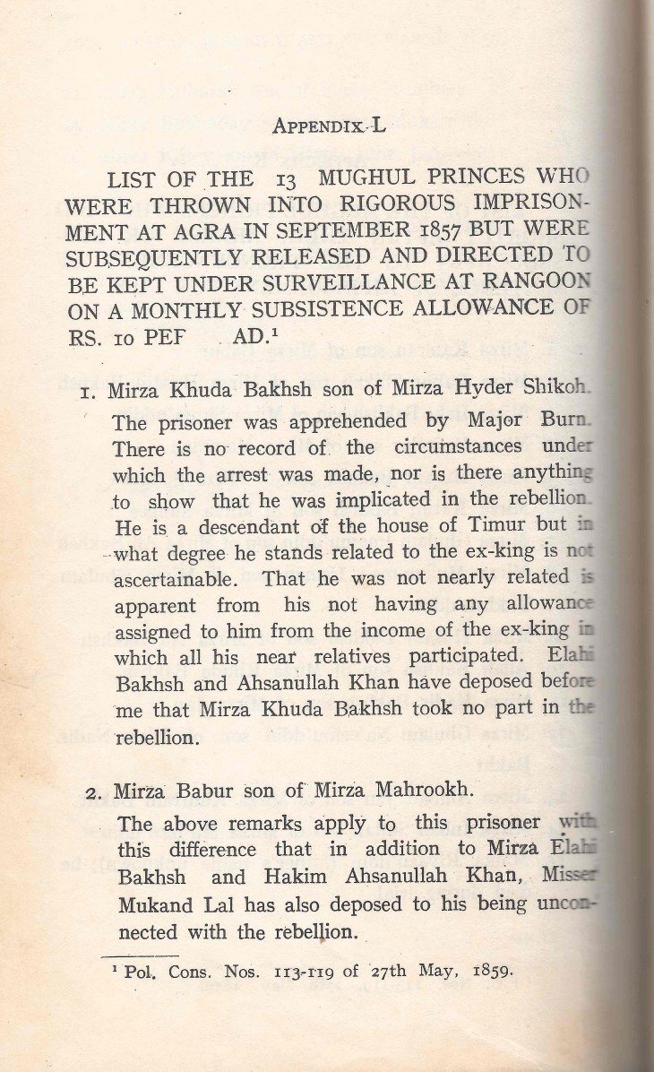 List of the 13 Mughal Princes Who were Thrown into Rigorous Imprisonment at Agra in September 1857 but were Subsequently Released and Directed to be kept under Surveillance at Rangoon on a Monthly Subsistence Allowance of Rs.10 Per Head.