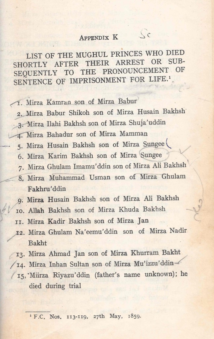 List of the Mughal Princes Who Died Shortly after their Arrest or Subsequently to the Pronouncement of Sentence of Imprisonment for Life.
