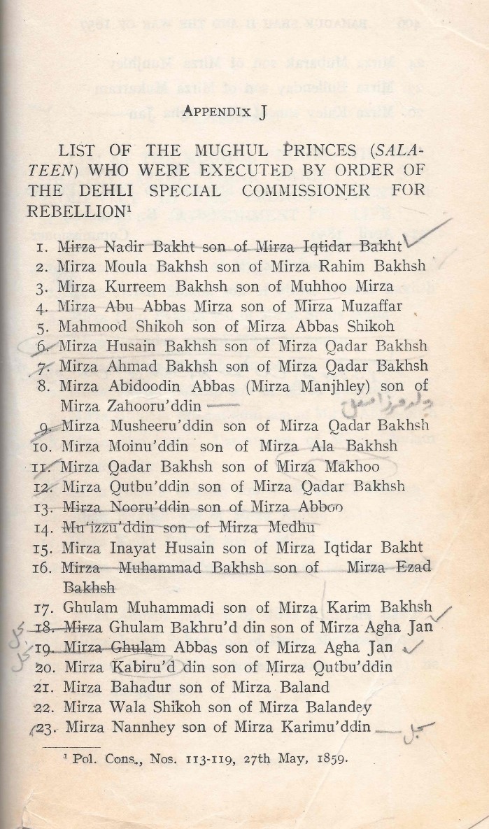 List of the Mughal Princes (Salateen) Who where Executed by Order of the Delhi Special Commissioner for Rebellion.