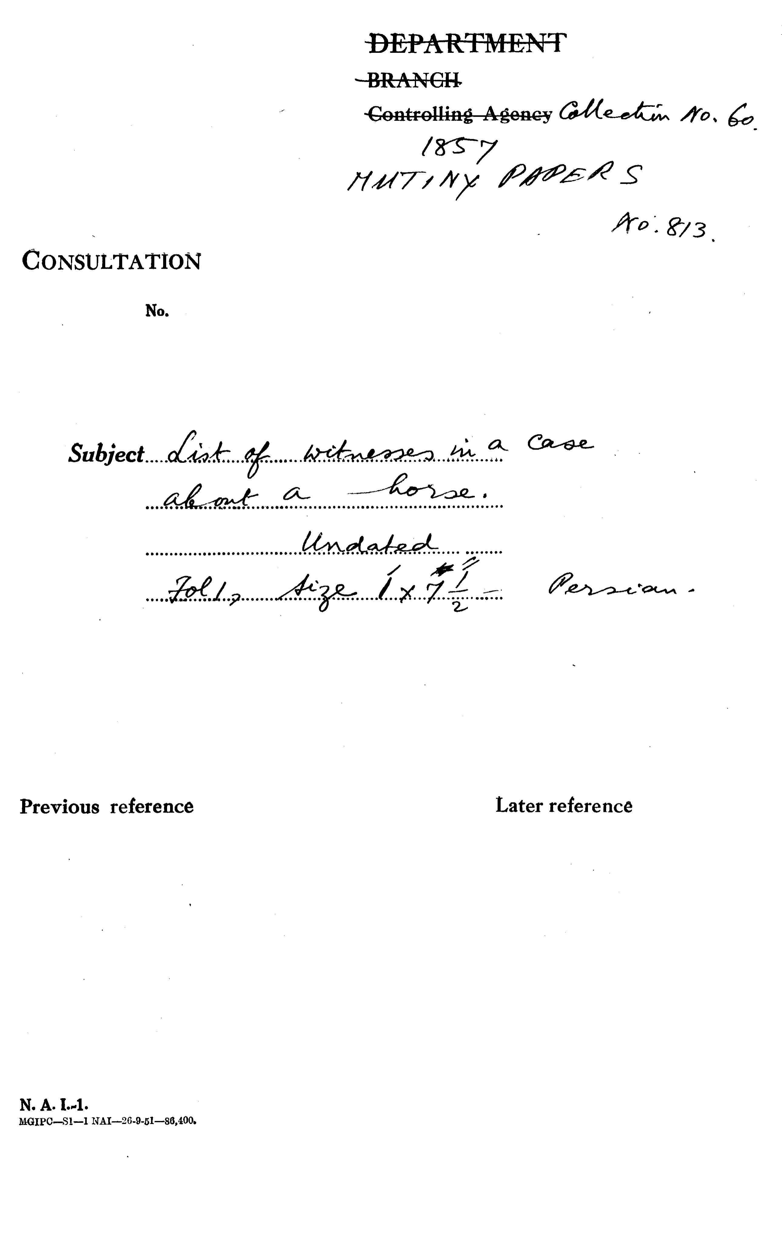 List of Witnesses In a Case about a Horse (Delhi).