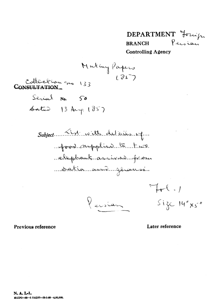 List With Details of Food Supplied to Two Elephant arrived From Datia and Jhansi