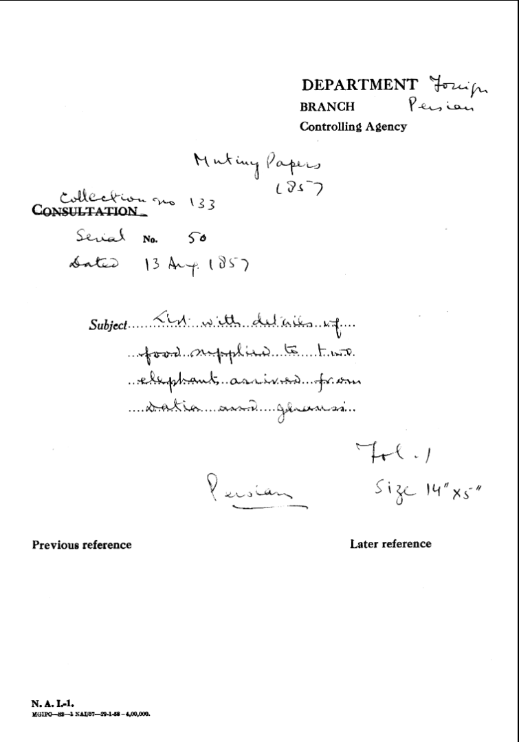 List With Details of Food Supplied to Two Elephant arrived From Datia and Jhansi