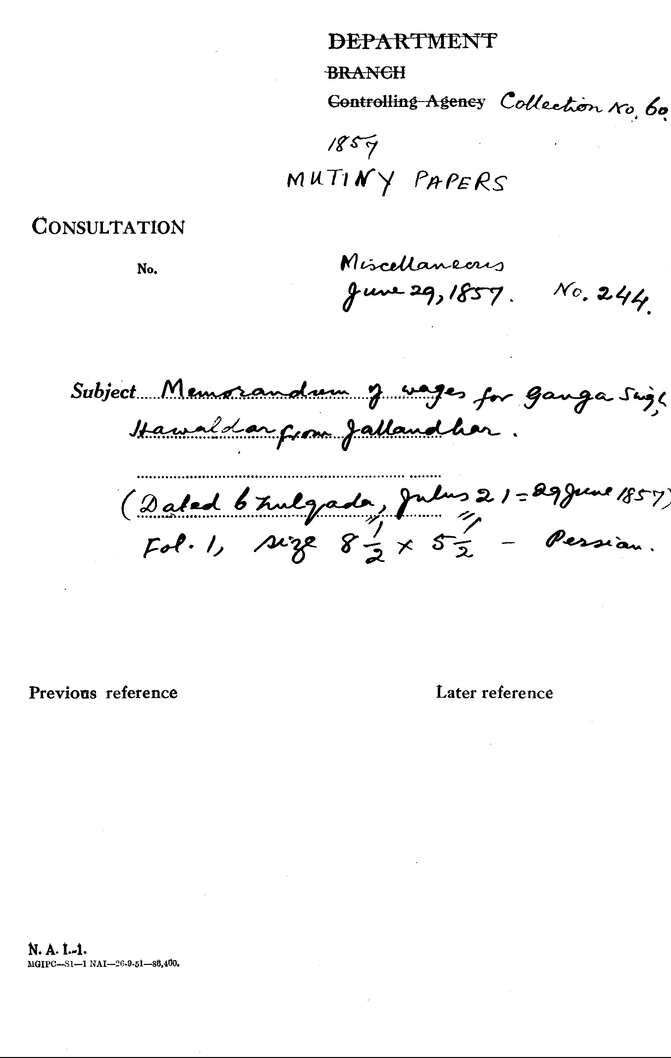Memorandum of Wages For Ganga Singh Hawaldar From Jalandhar.(6 Zul Qada, Julus 21 = 29 June 1857).