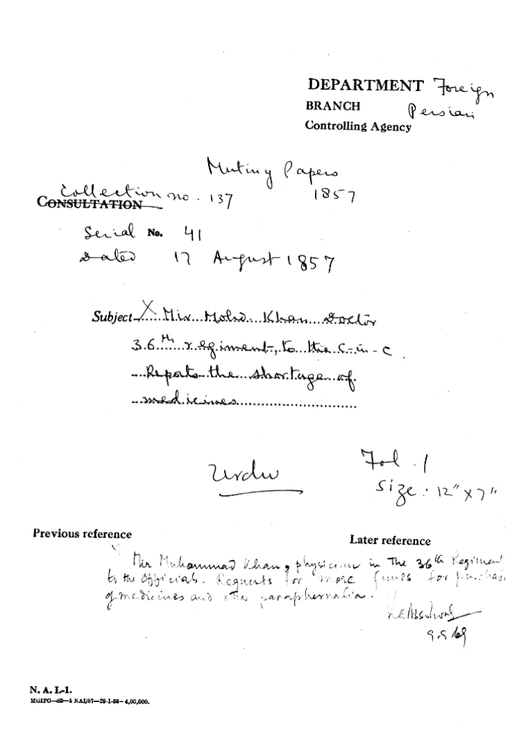 Mir Mohd Khan Doctor 36th Regiment to the C-in-C (Mirza Mughal) Reports the Shortage of Medicines